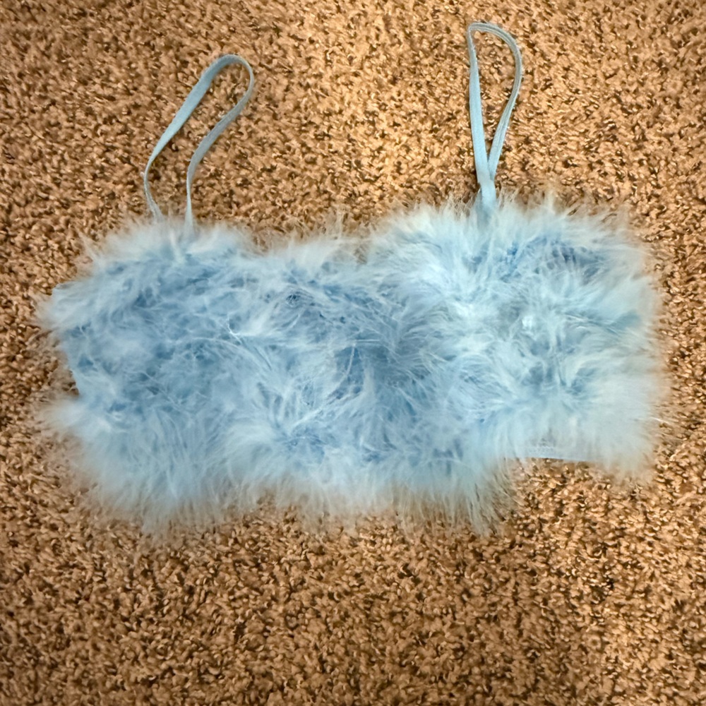Sugar Thrillz from Dolls Kill size large, sky blue crop top with boa feathers